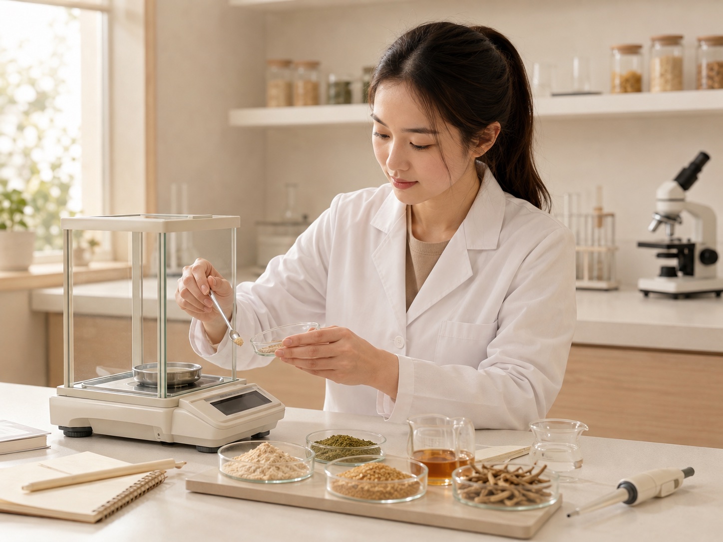 膳元动物营养研究室：研究员在实验台上称量配方原料，背后是显微镜与检测器材