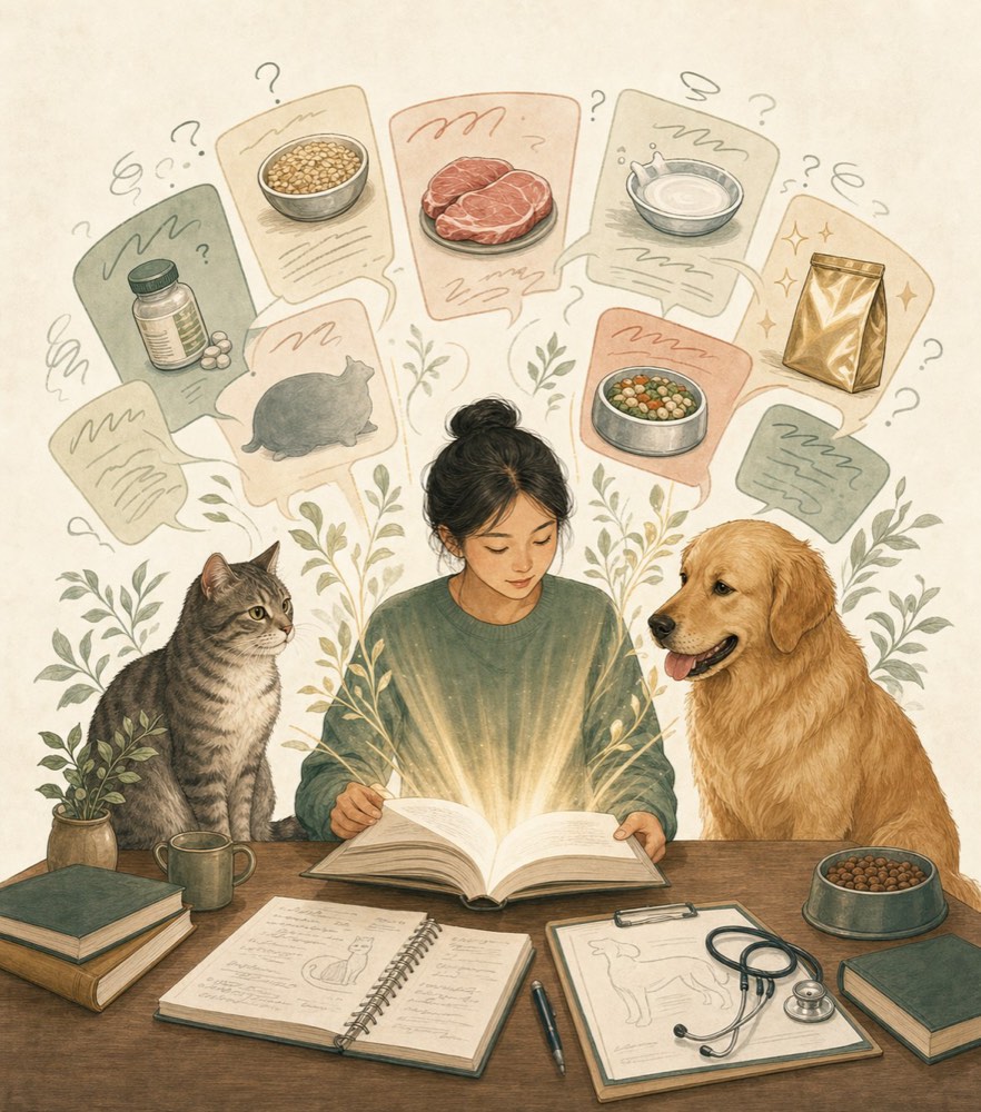 女性在灯光下翻阅发光的书本，一猫一狗陪伴左右，周围漂浮着谷物、肉类、牛奶、补充剂、粮袋等对话气泡，象征各种流传的喂养说法