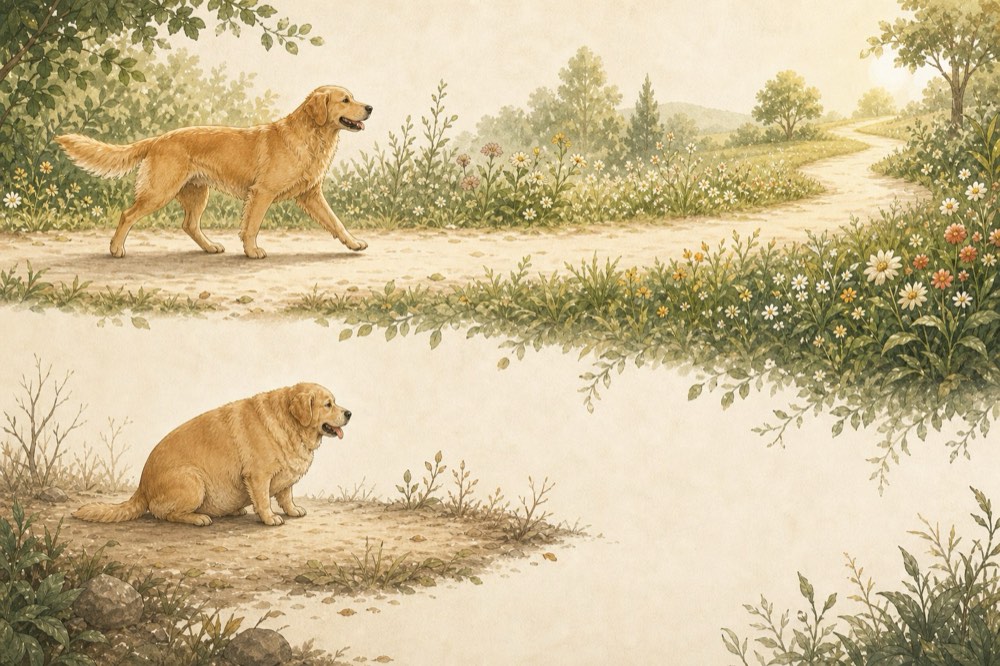上下对比插图:一只体态匀称的金毛在小径上轻快前行,另一只体型肥胖的金毛疲惫地坐在原地