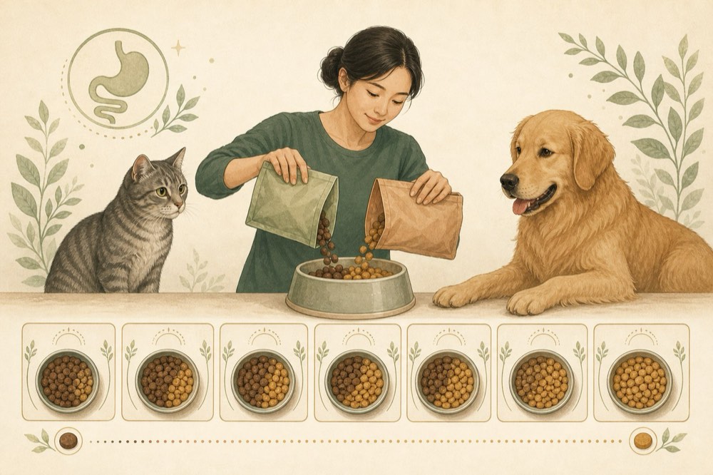 女性将两袋粮倒入食盆喂猫和狗，下方一排食盆展示一周的定量喂食安排，左上角有胃部图标